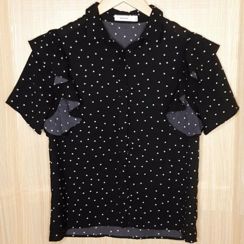 Mod Ref Polka Dot Ruffle Button Down Blouse. Small